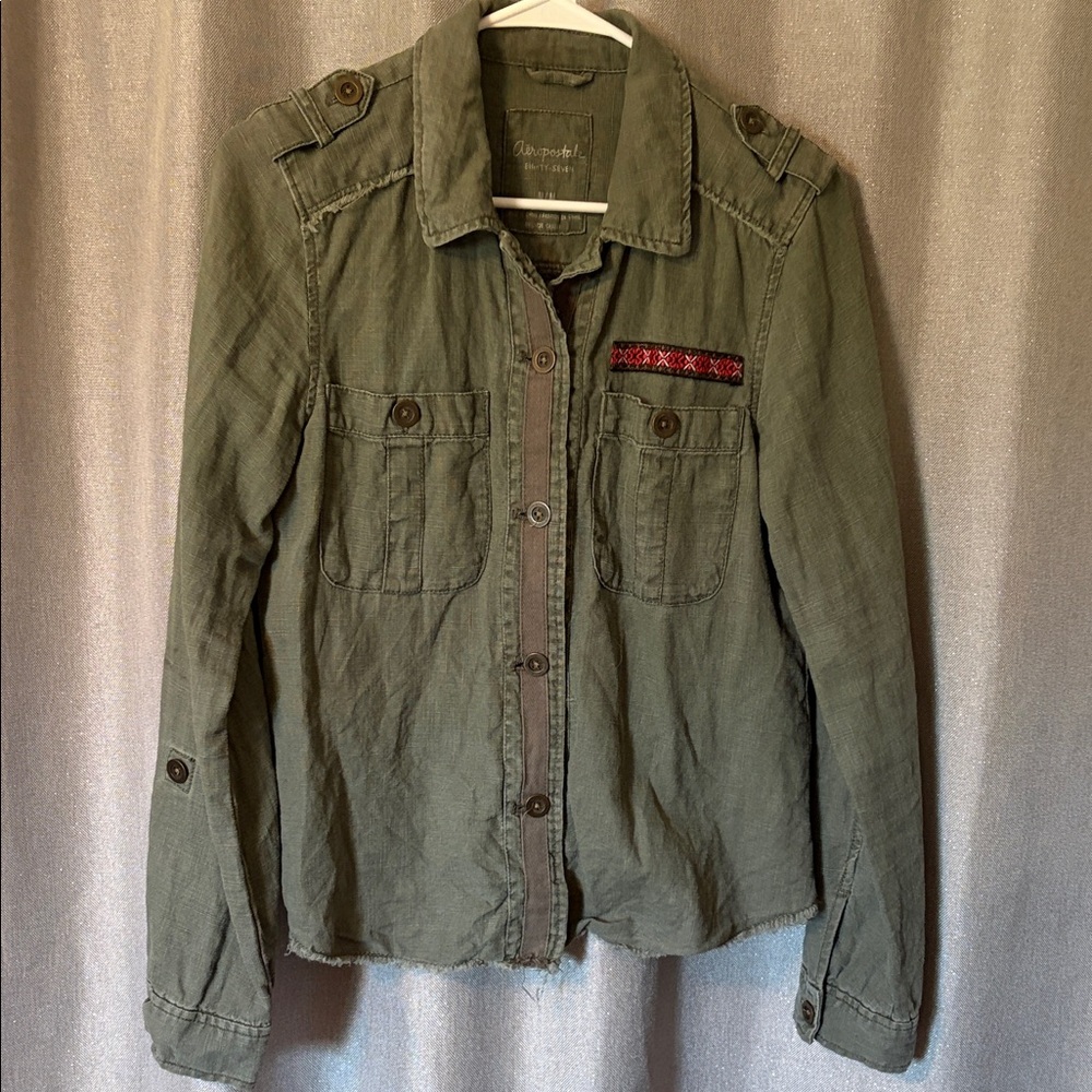 ADORABLE Olive Green Military Style Jacket with Patch Detail & Crochet Back!